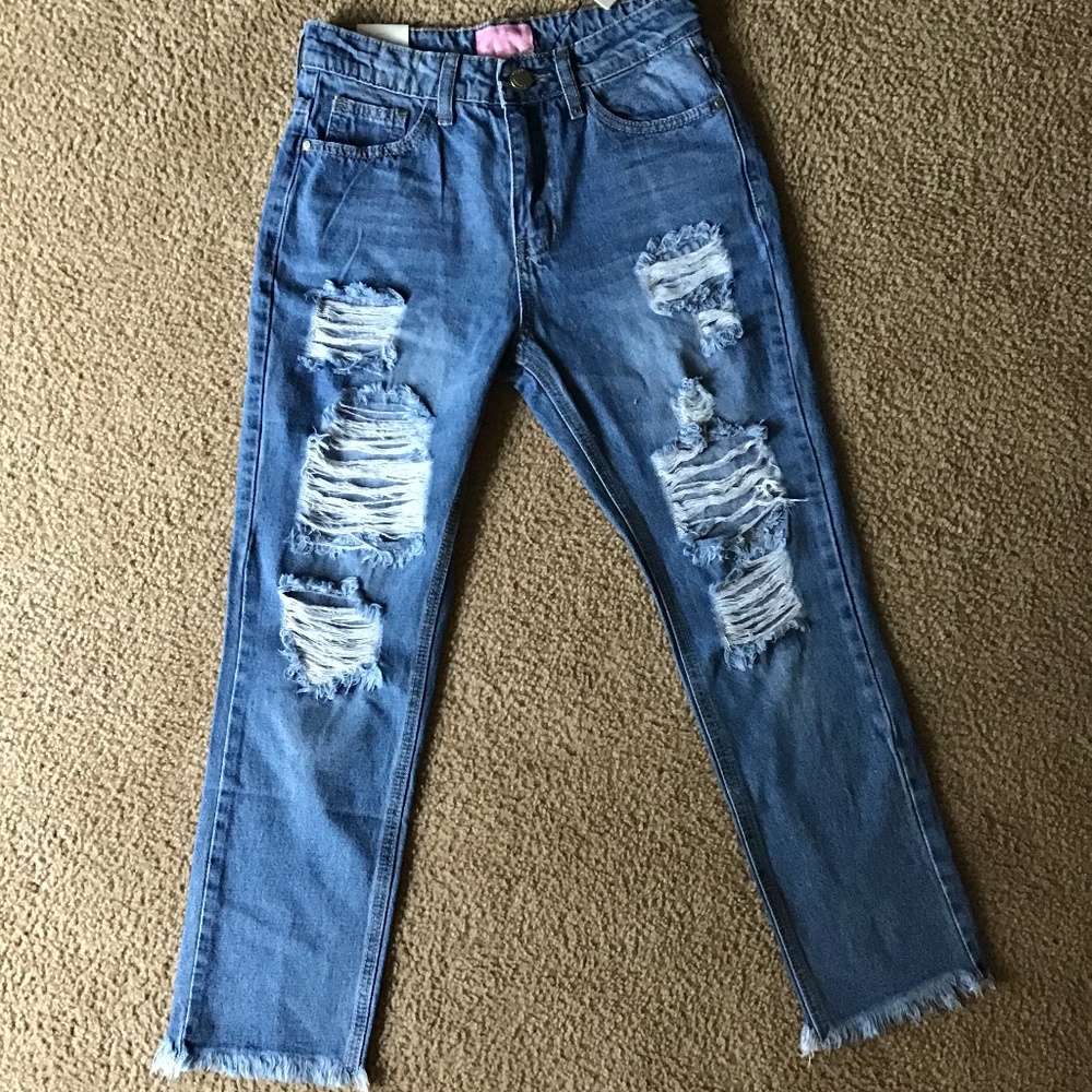 High wasted Distressed Fringe Bottom Jeans